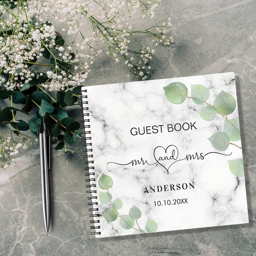 Guest book wedding marble eucalyptus mr mrs heart