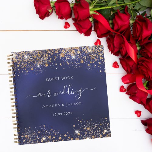 Guest book wedding navy blue gold sparkles