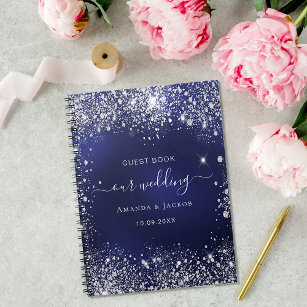Guest book wedding navy blue silver glitter