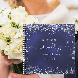 Guest book wedding navy blue silver glitter