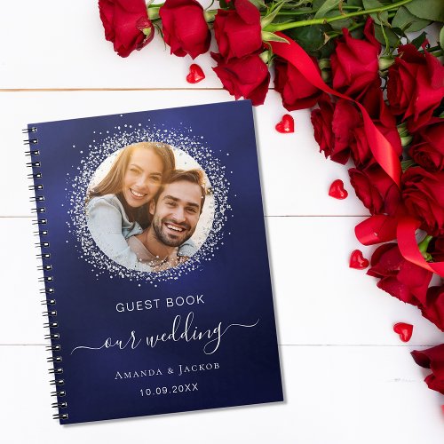 Guest book wedding navy blue silver glitter photo