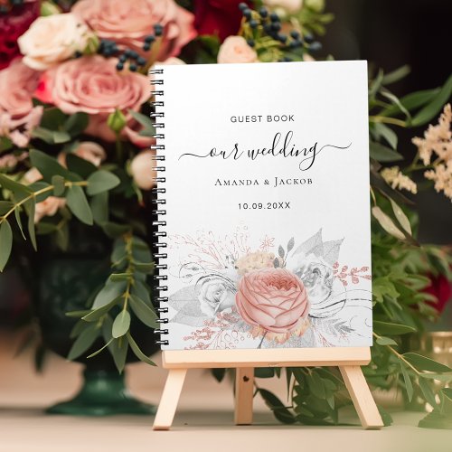 Guest book wedding rose gold floral silver