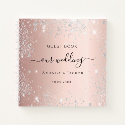 Guest book wedding rose gold silver glitter blush