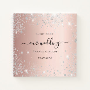PERSONALISED ROSE GOLD GLITTER WEDDING ENGAGEMENT ANNIVERSARY GUEST BOOK 