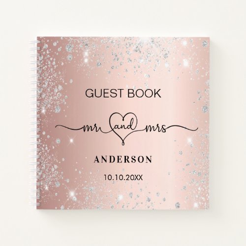 Guest book wedding rose gold silver glitter heart