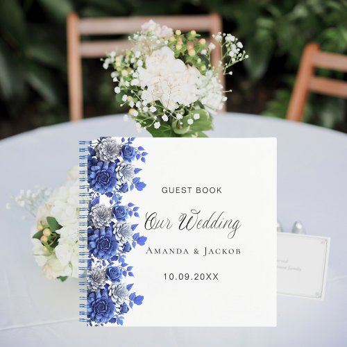 Guest book wedding royal blue flowers white