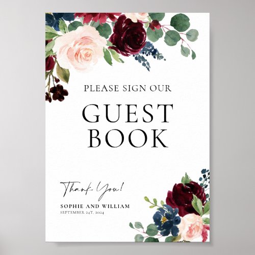 Guest Book Wedding Sign Boho Floral  Burgundy 