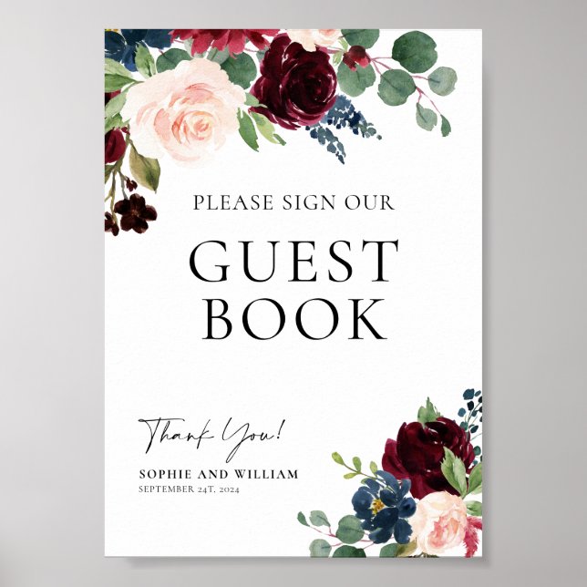 Guest Book Wedding Sign Boho Floral  Burgundy  (Front)