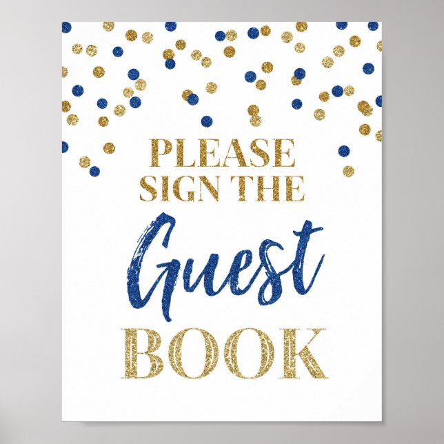 Guest Book Wedding Sign Gold Blue Confetti (Front)