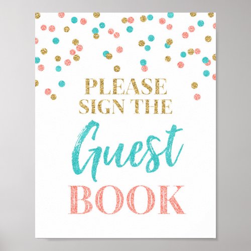 Guest Book Wedding Sign Gold Teal Coral Confetti