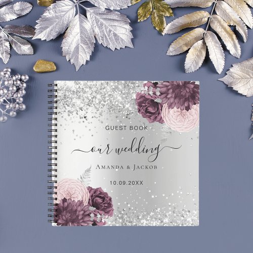 Guest book wedding silver burgundy florals