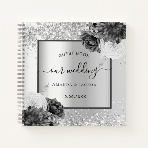 Guest book wedding silver florals elegant