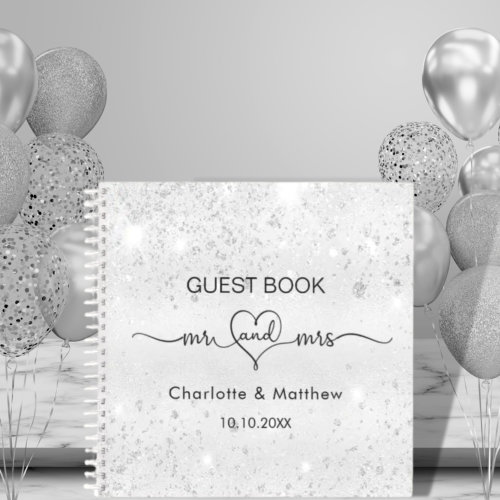 Guest book wedding silver glitter dust mr mrs name
