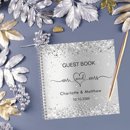 Guest book wedding silver glitter mr mrs names