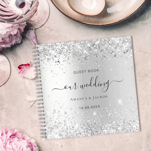 Guest book wedding silver glitter names elegant