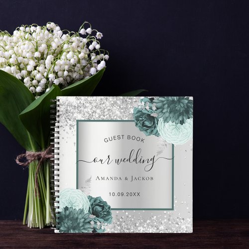 Guest book wedding silver green florals