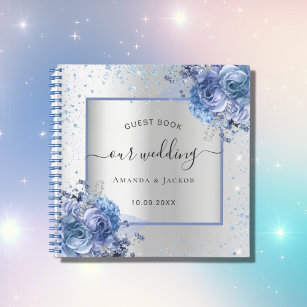 Guest book wedding silver navy blue florals