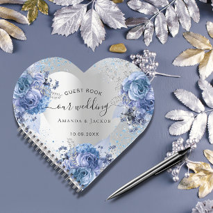Guest book wedding silver navy blue florals heart