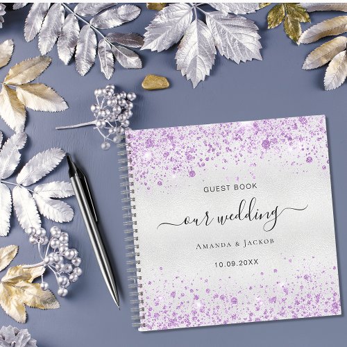 Guest book wedding silver purple glitter monogram