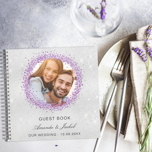 Guest book wedding silver purple glitter photo