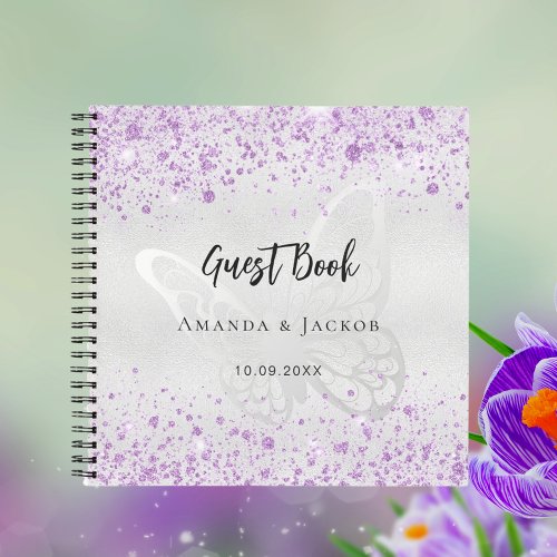 Guest book wedding silver violet butterfly