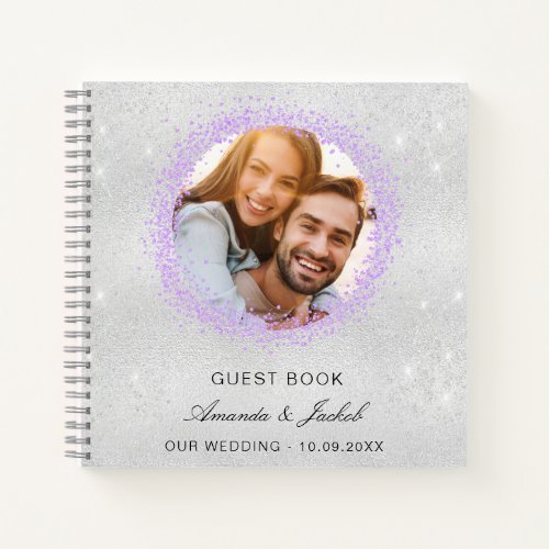 Guest book wedding silver violet glitter photo
