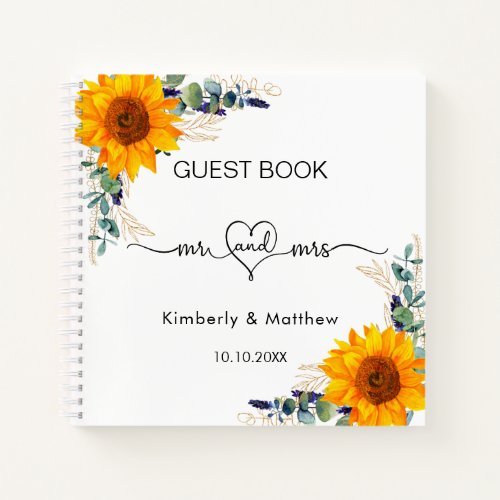 Guest book wedding sunflowers eucalyptus mr mrs