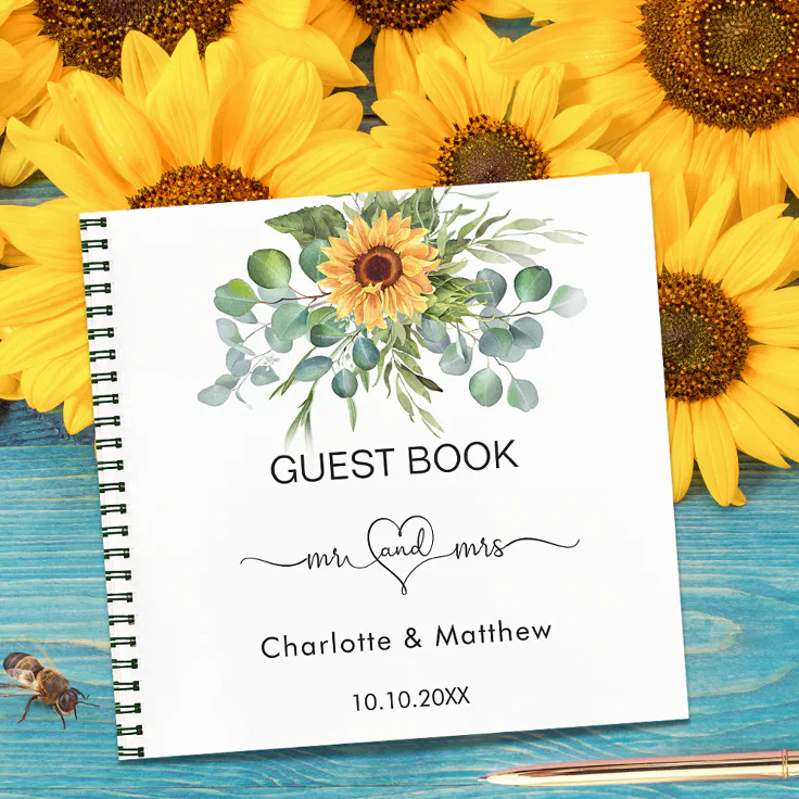 Guest book wedding sunflowers eucalyptus mr mrs Zazzle