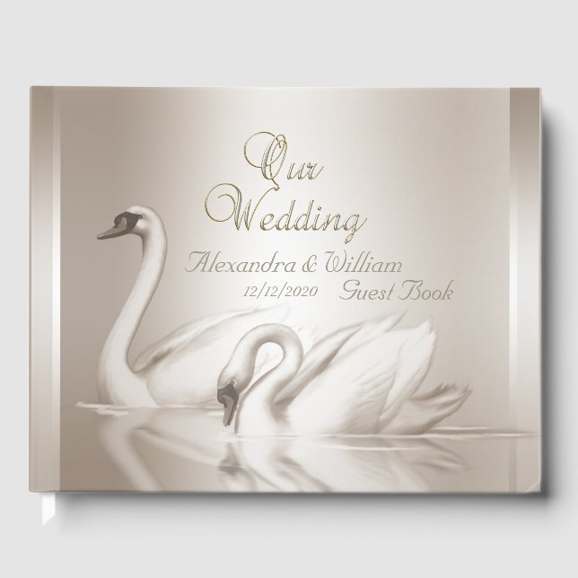 Guest Book Wedding Swans Damask Cream White (Front)