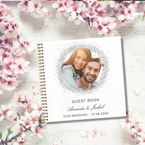 Guest book wedding white silver glitter photo