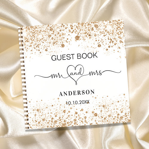 Guest book white gold mr mrs heart wedding 
