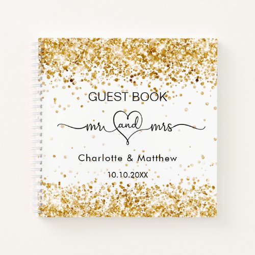 Guest book white gold mr mrs heart wedding 