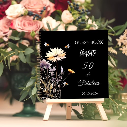 Guest book wildflowers black 50 fabulous birthday
