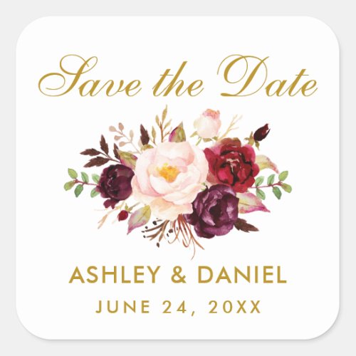 Guest Calendar  Save The Date Burgundy Floral Square Sticker