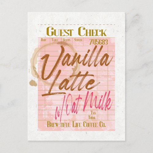 Guest Check Receipt Vanilla Latte Coffee Oat Milk Postcard