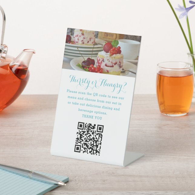 Guest contactless QR code menu photo aqua beach Pedestal Sign (In SItu)
