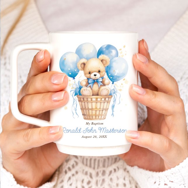 Guest Gift with Balloon Teddy Bear for Boy Baptism Coffee Mug (Creator Uploaded)