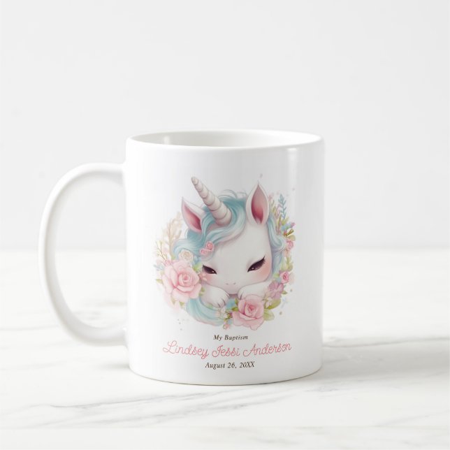 Guest Gift with Floral Unicorn for Girl Baptism Coffee Mug (Left)