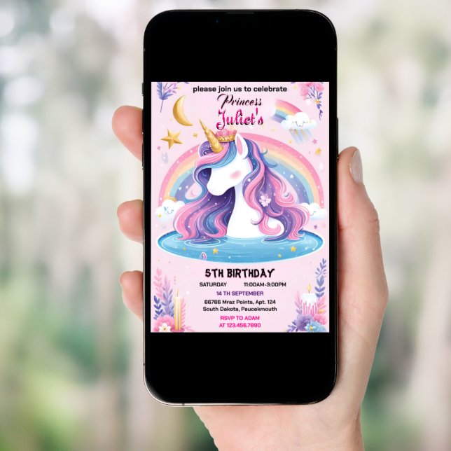 guest girly cute purple pink unicorn 1st birthday invitation (Front Digital)