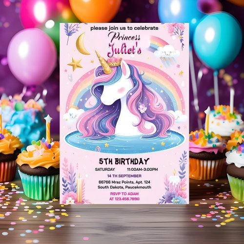 guest girly cute purple pink unicorn 1st birthday invitation