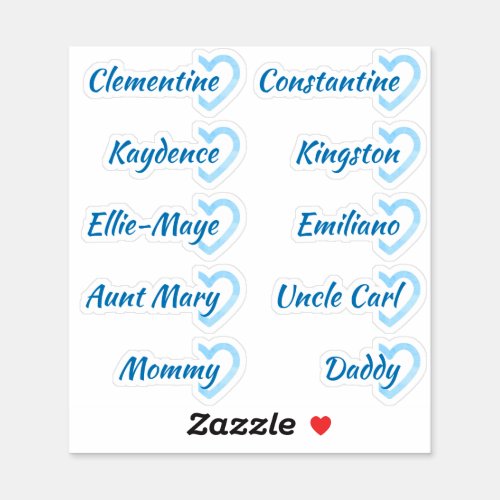 Guest List 10 Names Calligraphy Half Heart Blue Sticker