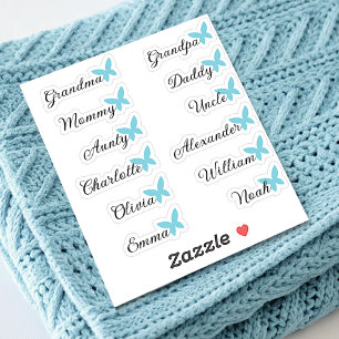 Guest List 12 Names Calligraphy Blue Butterfly  Sticker