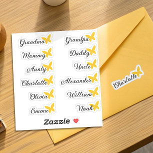Guest List 12 Names Calligraphy Yellow Butterfly Sticker