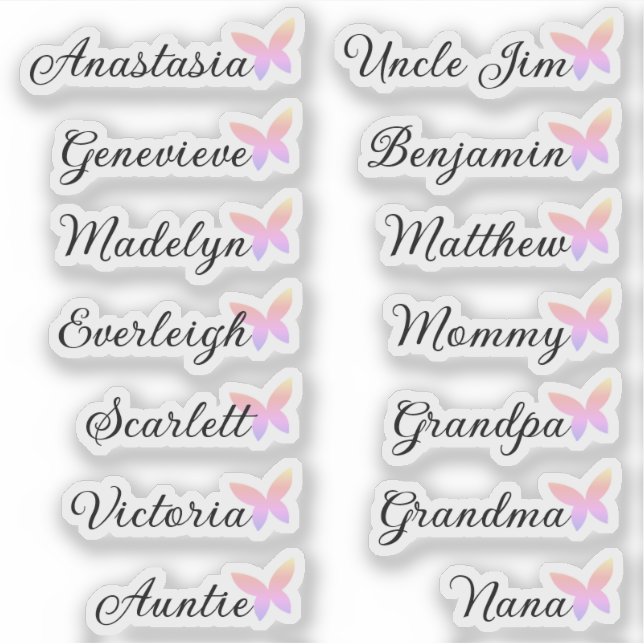 Guest List 14 Names Calligraphy Ombre Butterfly  Sticker (Front)