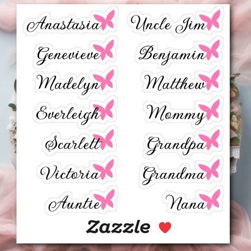 Guest List 14 Names Calligraphy Pink Butterfly  Sticker