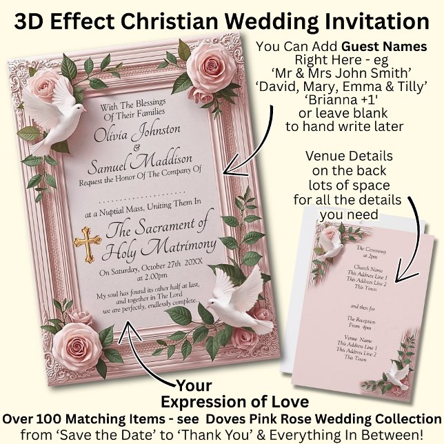 Guest Names, Christian Pink Roses & Doves Wedding  Invitation (Creator Uploaded)