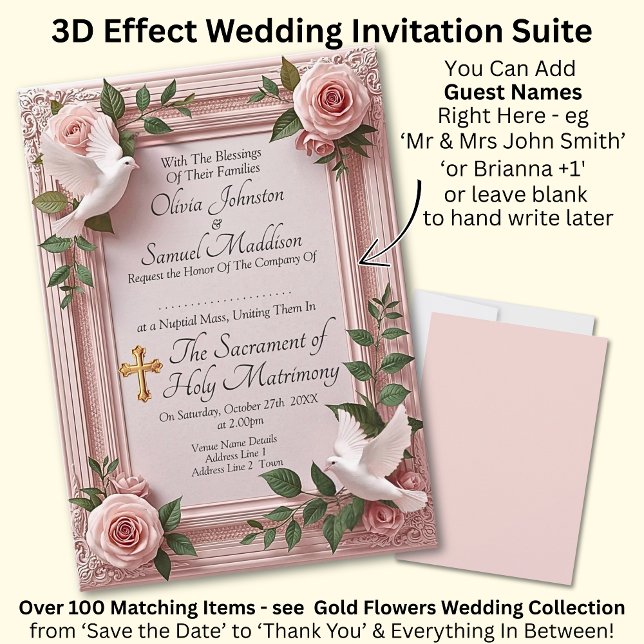 Guest Names, Christian Pink Roses & Doves Wedding  Invitation (Creator Uploaded)
