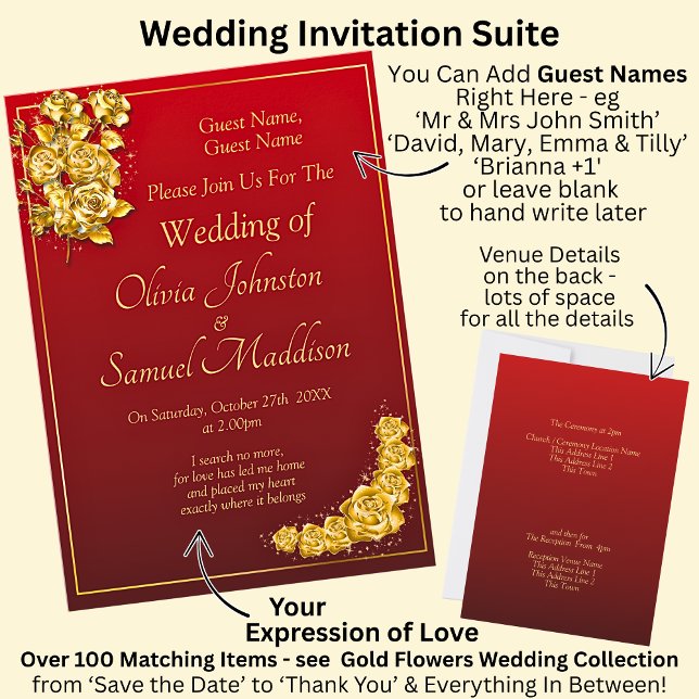 Guest Names, Gold Roses Maroon Red Wedding Invitation (Creator Uploaded)