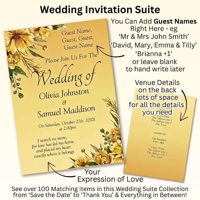 Guest Names, Golden Yellow Flowers Wedding Suite Invitation (Creator Uploaded)
