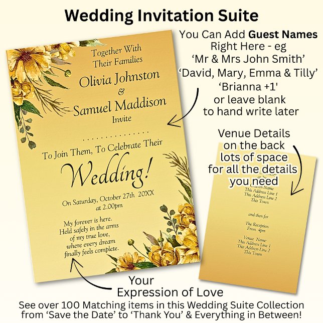 Guest Names, Golden Yellow Flowers Wedding Suite Invitation (Creator Uploaded)